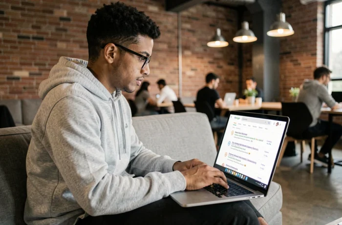 Jeune professionnel travaillant sur le référencement naturel depuis un espace de coworking avec résultats de recherche Google visibles