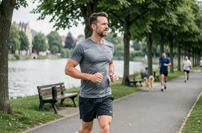 Homme faisant son jogging dans un parc verdoyant au bord d'un lac à Cholet