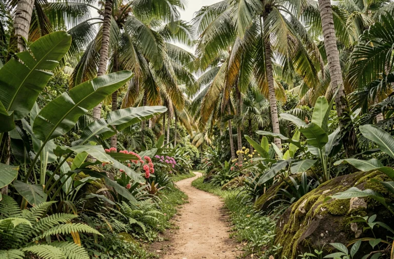 Sentier de jungle tropicale en Guadeloupe sans serpents, entouré de végétation dense et de palmiers
