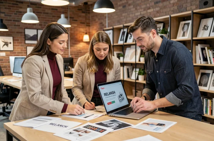 Une équipe pluridisciplinaire examinant les supports de rebranding et les nouvelles fonctionnalités d'une plateforme dans un espace de coworking