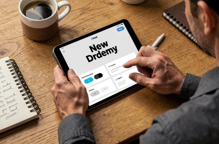 Gros plan sur des mains masculines naviguant dans l'interface repensée d'une application avec un nouveau nom de marque sur tablette
