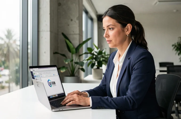 Une professionnelle découvrant les nouvelles fonctionnalités d'une plateforme rebaptisée sur son ordinateur portable dans un bureau moderne