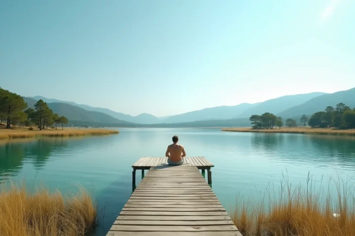 Vue panoramique du lac de la Capelle près de Nîmes avec ponton en bois et collines de garrigue en arrière-plan