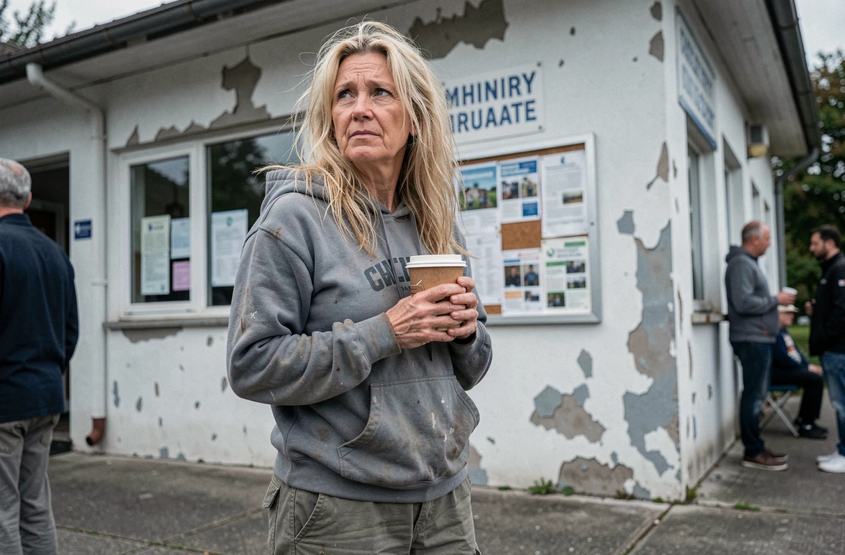 Femme tenant un café devant un centre d'aide sociale, portrait documentaire illustrant la reconstruction après une période de sans-abrisme