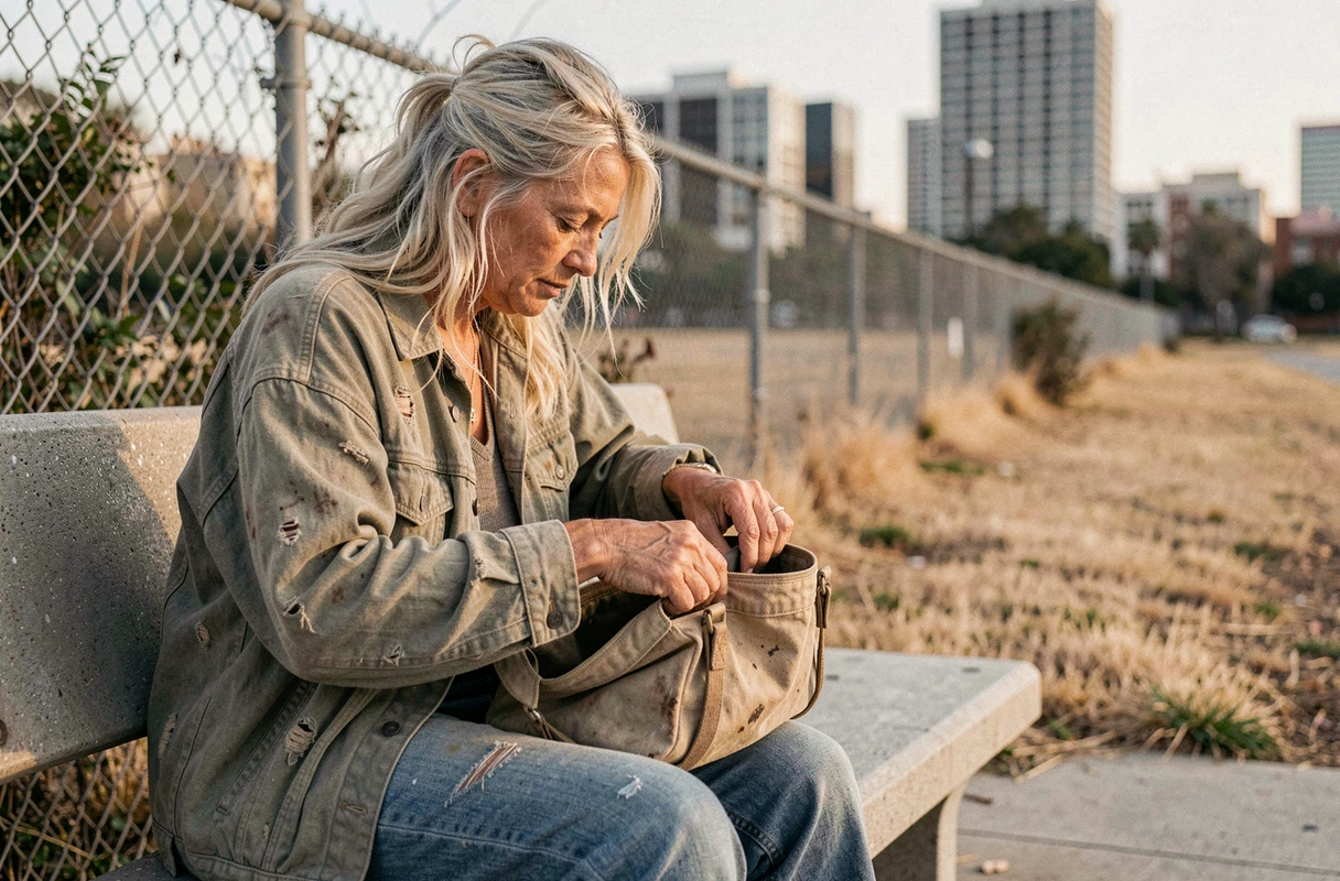 Femme aux cheveux décolorés assise sur un banc de parc urbain triant ses affaires, évoquant la résilience et la survie dans la rue