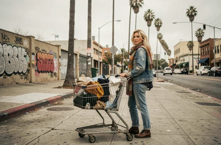 Femme sans-abri aux cheveux blonds poussant un caddie dans une rue de Los Angeles, illustrant le parcours de Loni Willison