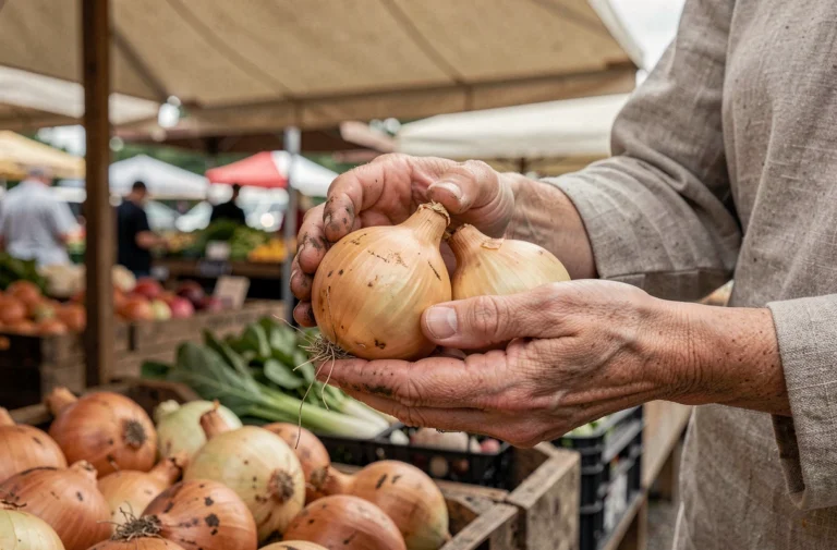 Mains de femme tenant trois oignons jaunes de tailles différentes au marché de producteurs