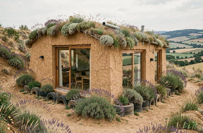 Maison earthship en terre compressée intégrée dans une colline provençale avec toit végétalisé et fenêtres panoramiques