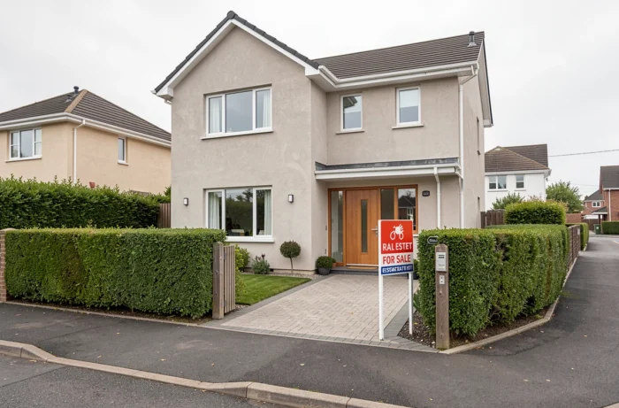 Maison individuelle moderne mise en vente par une société immobilière avec panneau à vendre devant la façade