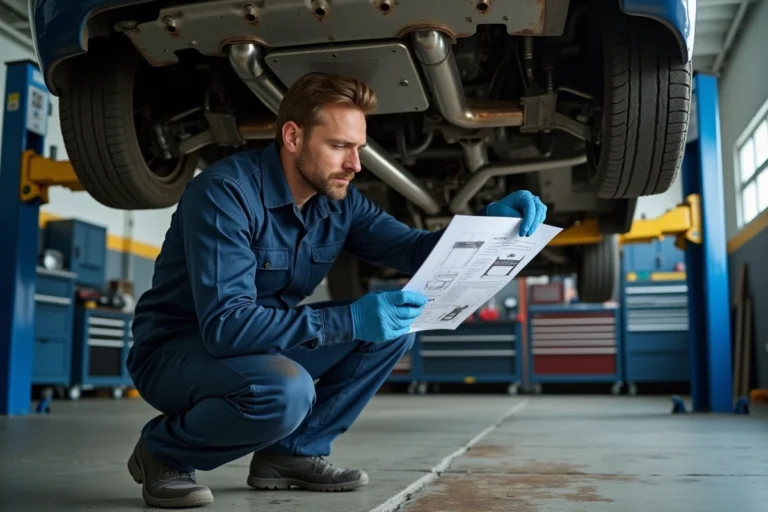 Mécanicien automobile examinant le système d'échappement sous une voiture en atelier avec schéma technique