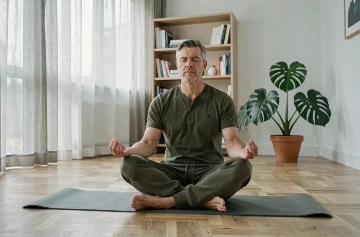 Homme pratiquant la méditation sur un tapis de yoga dans un salon moderne, activité de bien-être tendance pour le temps libre