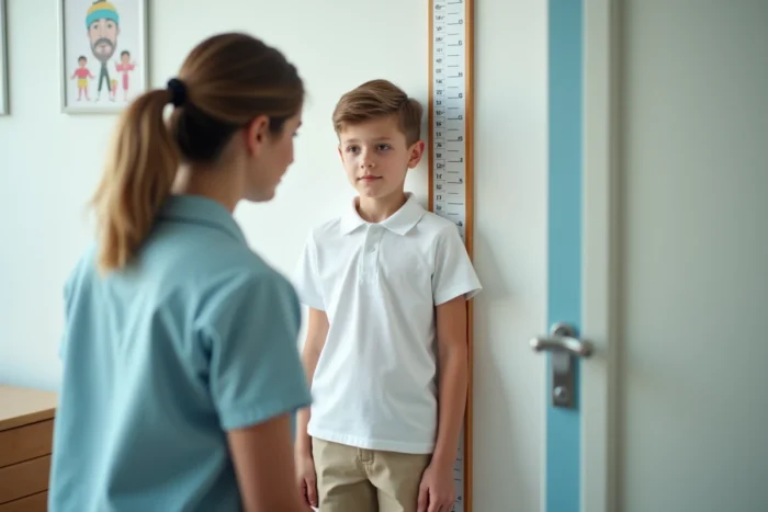 Mesure de la taille d'un garçon de 11 ans chez le pédiatre avec un adulte tenant une toise murale