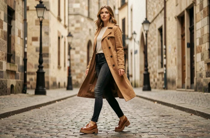 Young woman wearing cognac leather platform loafers walking on a cobblestone street, autumn shoe trends to discover online