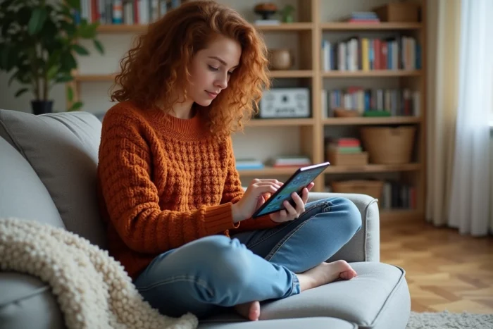 Jeune personne naviguant sur un plan de site web interactif sur une tablette dans un salon confortable