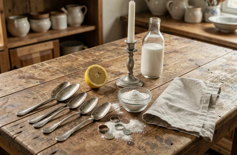 Assortiment d'argenterie noircie et ingrédients naturels pour le nettoyage posés sur une table en bois rustique