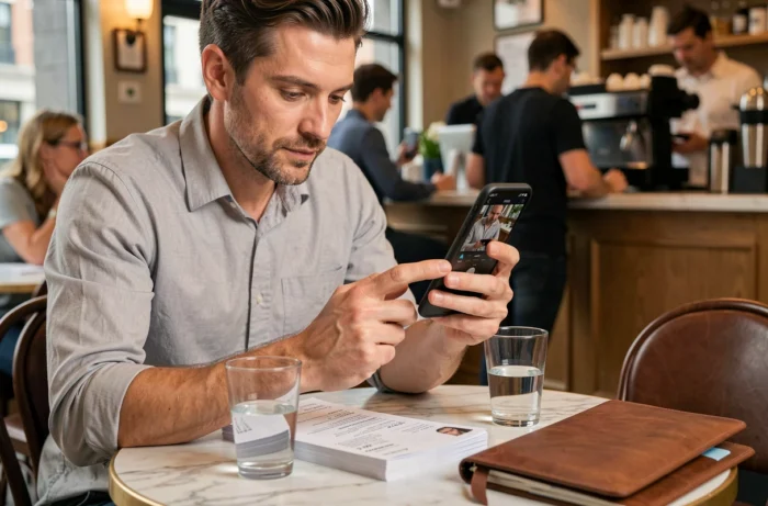 Employé photographiant des reçus de restaurant avec son smartphone pour une note de frais