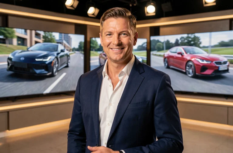 Nouveau présentateur de l'émission Turbo sur M6 dans un studio automobile moderne