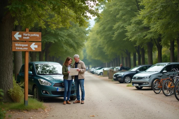 Parking arboré près de la plage de Conleau à Vannes avec panneau de signalisation et visiteurs