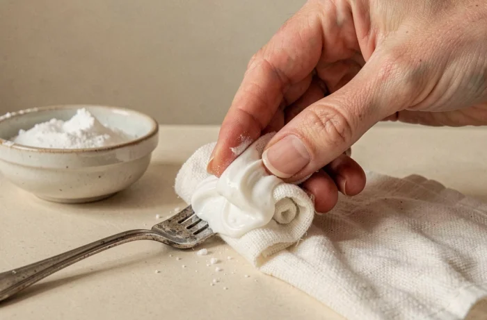 Application d'une pâte de bicarbonate de soude en frottement léger sur une fourchette en argent noircie