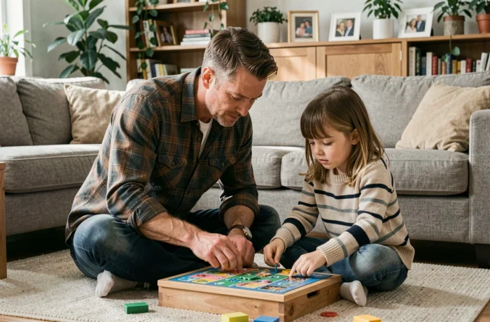 Père et fille jouant à un jeu de société sur le tapis du salon, moment de complicité familiale dans un intérieur cosy et naturel