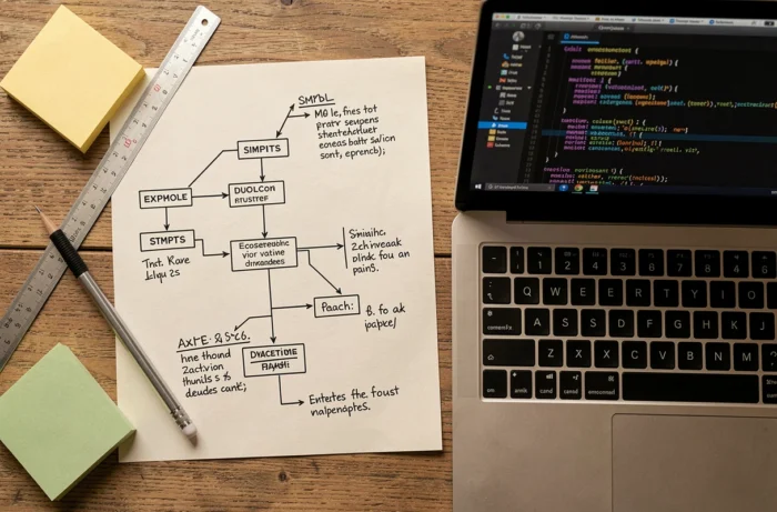 Vue aérienne d'un bureau avec un diagramme de sitemap imprimé, des annotations manuscrites et un éditeur de code XML ouvert sur un ordinateur portable