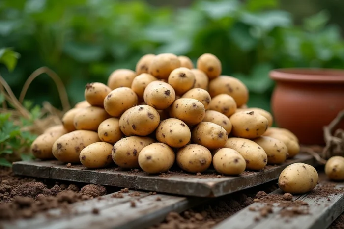 Tas de pommes de terre fraîchement récoltées avec de la terre sur leur peau posées sur des planches en bois rustique