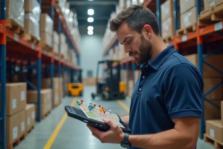 Professionnel de la logistique consultant une solution de géolocalisation de précision sur tablette dans un entrepôt