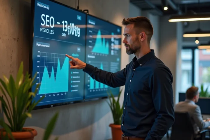 Professionnel du digital présentant des conseils et ressources pour réussir sur le web devant un écran de statistiques
