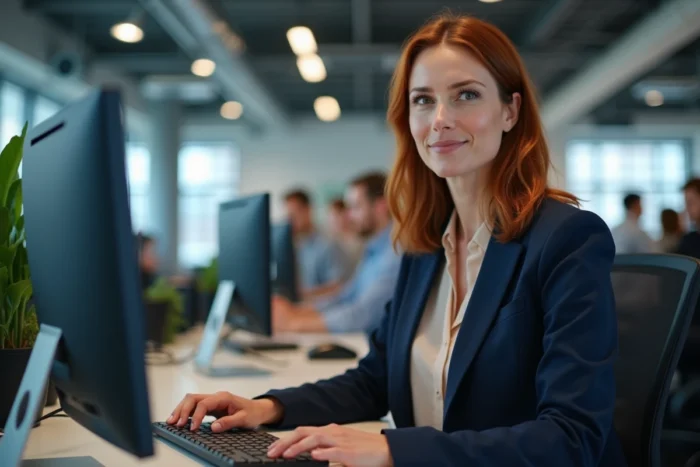 Professionnelle en télétravail participant à une session de formation en ligne dans un espace de coworking moderne