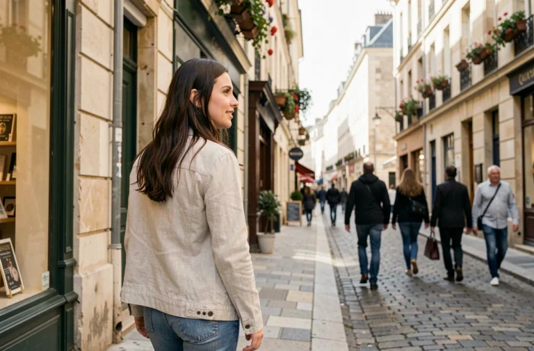 Femme se promenant dans une rue piétonne animée de Cholet, explorant les commerces locaux
