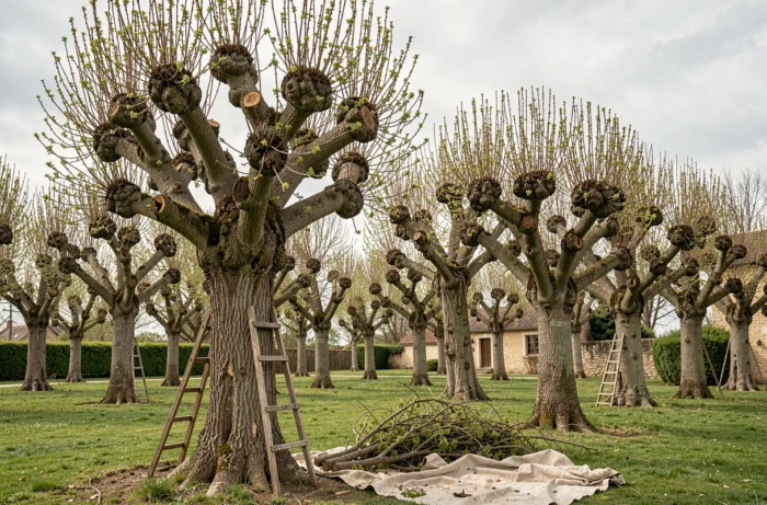 Reihe von gut geschnittenen Platanen-Mulberries in einer französischen Landgarten im Frühling