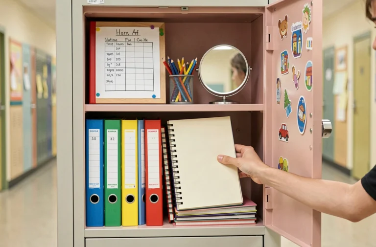 Casier scolaire bien organisé avec classeurs colorés, tableau magnétique et porte-crayons en maille