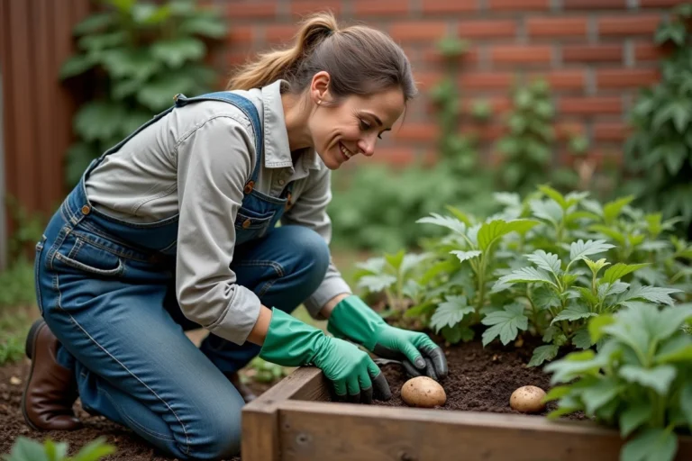 Femme récoltant des pommes de terre dans un petit jardin urbain surélevé avec une fourche à main