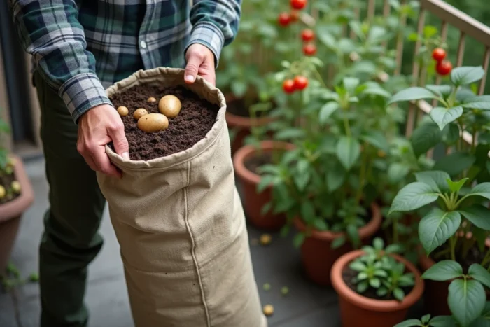 Homme récoltant des pommes de terre dans un sac de culture sur un balcon de jardin urbain compact
