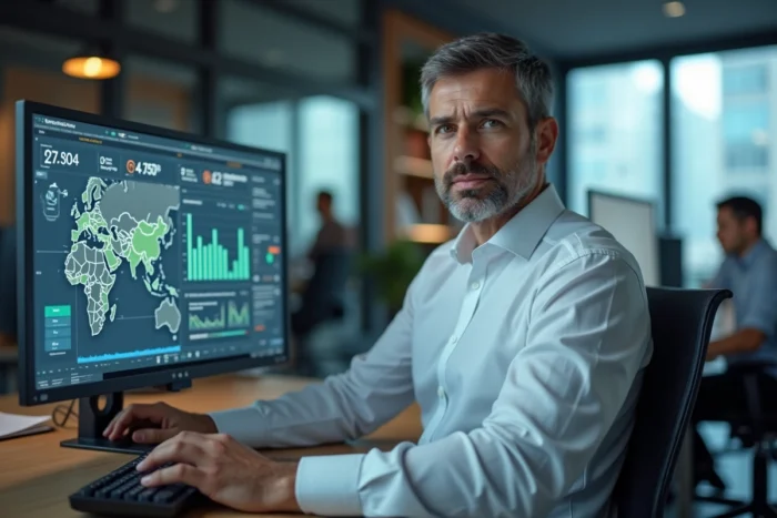 Responsable opérationnel analysant un tableau de bord de géolocalisation de flotte en temps réel dans un bureau moderne