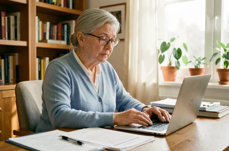 Retraitée inscrivant ses droits en ligne sur un ordinateur portable dans un bureau à domicile chaleureux