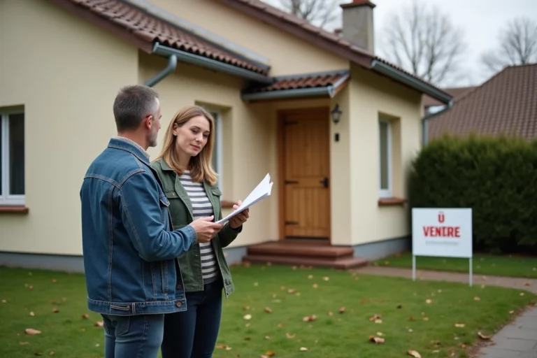 Couple devant une maison à vendre après seulement six mois, tenant des documents immobiliers dans un jardin en automne
