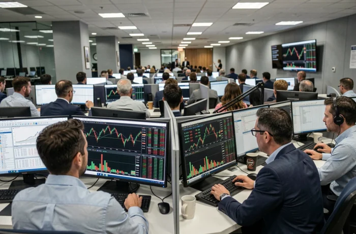 Salle de trading animée avec des opérateurs financiers surveillant les données boursières en temps réel sur plusieurs écrans