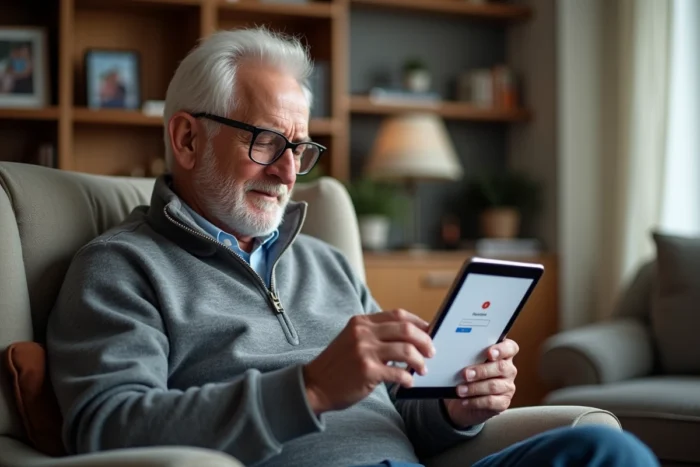 Un homme senior navigue sur sa tablette pour se connecter à son espace Famileo dans son salon