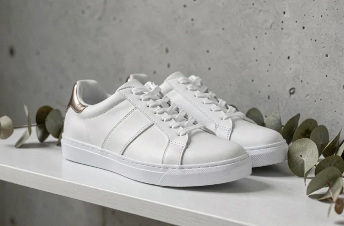 Paire de sneakers blanches en cuir tendance posée sur une étagère minimaliste, idéale pour shopper sur une boutique en ligne de chaussures
