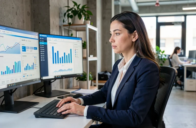 Spécialiste SEO féminine analysant des tableaux de bord de référencement naturel sur deux écrans dans un bureau moderne en 2024