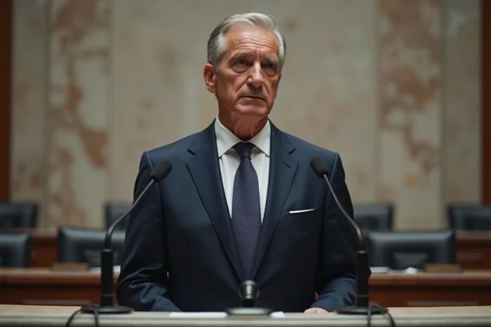 Homme politique en costume sombre debout devant un pupitre lors d'une conférence de presse officielle, illustrant la question de la taille d'Éric Zemmour
