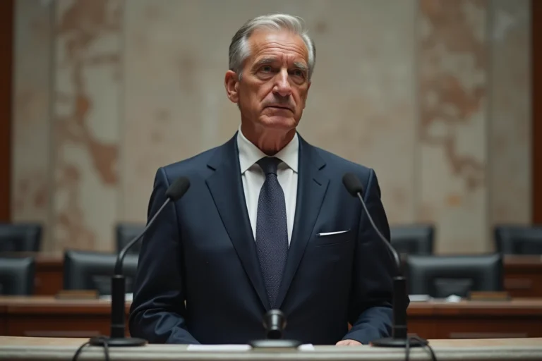 Homme politique en costume sombre debout devant un pupitre lors d'une conférence de presse officielle, illustrant la question de la taille d'Éric Zemmour