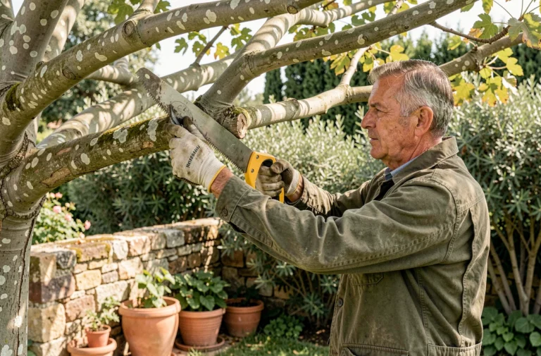 Jardinier en train de tailler un mûrier platane avec une scie d'élagage dans un jardin provençal