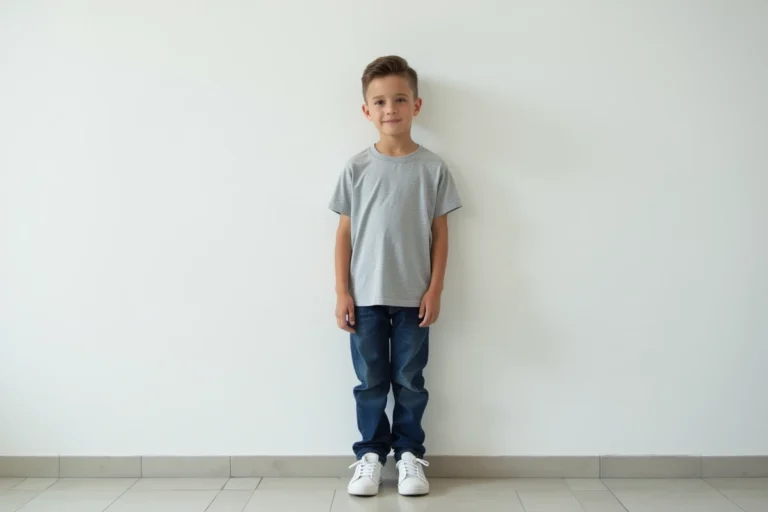 Garçon de 11 ans en pied devant un mur blanc, illustrant la taille et la morphologie typique à cet âge