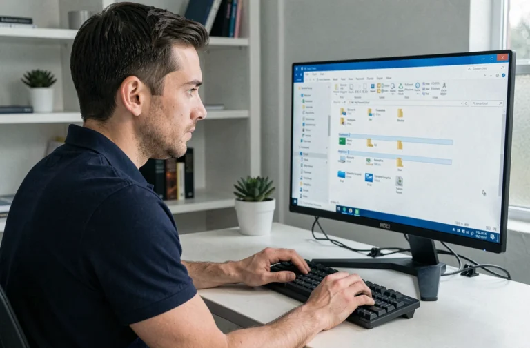 Technicien informatique explorant les dossiers système cachés de Windows 10 sur un écran d'ordinateur de bureau