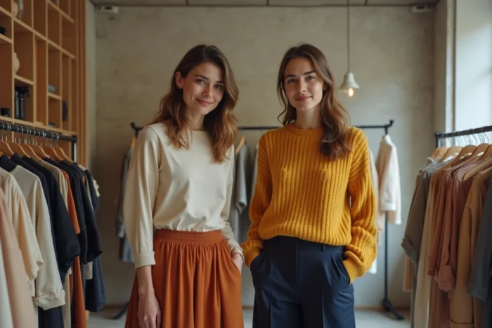 Deux femmes découvrant des vêtements tendance dans une boutique de mode indépendante au décor minimaliste et chaleureux