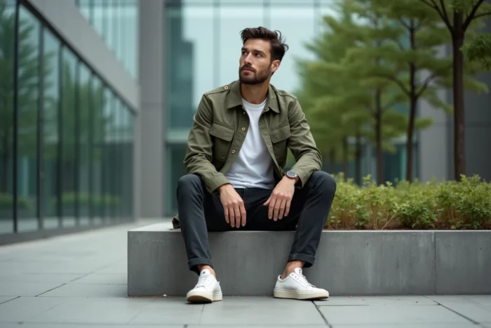 Homme stylé en veste utility olive et chino sombre assis dans une place urbaine moderne aux façades en verre