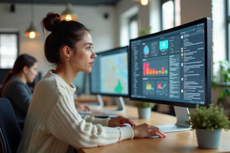 Jeune femme consultant les dernières tendances du web sur un grand écran d'ordinateur dans un bureau moderne