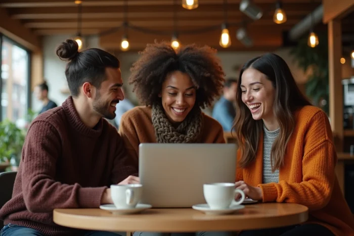 Groupe de professionnels discutant des dernières tendances du web autour d'un ordinateur portable dans un café